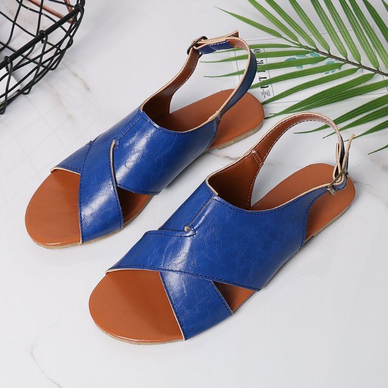 Dam Kvinnor Beach Peep Toe Cross Spänne Flats Sandaler