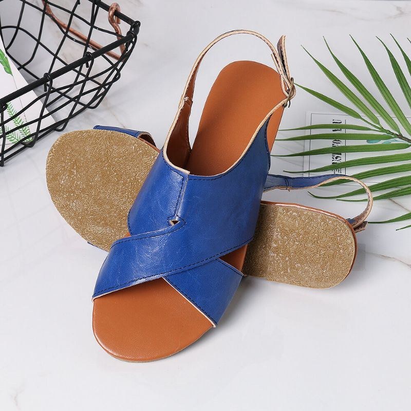 Dam Kvinnor Beach Peep Toe Cross Spänne Flats Sandaler