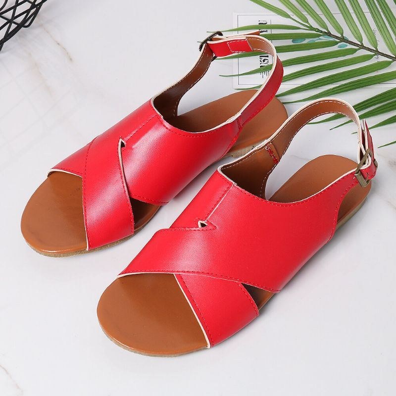 Dam Kvinnor Beach Peep Toe Cross Spänne Flats Sandaler