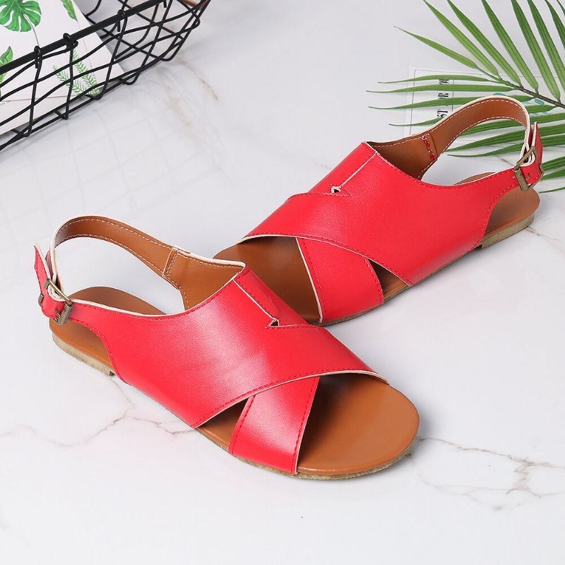 Dam Kvinnor Beach Peep Toe Cross Spänne Flats Sandaler