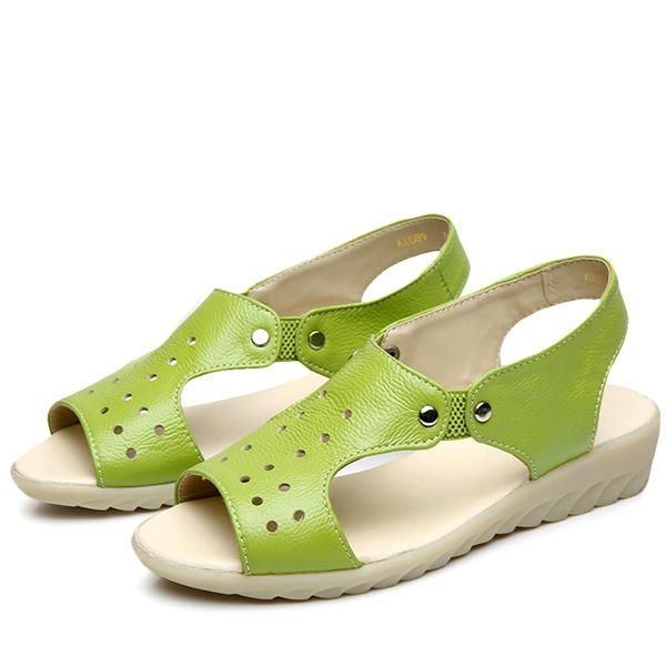 Dam Läder Hollow Out Peep Toe Slip On Mjuka Sandaler