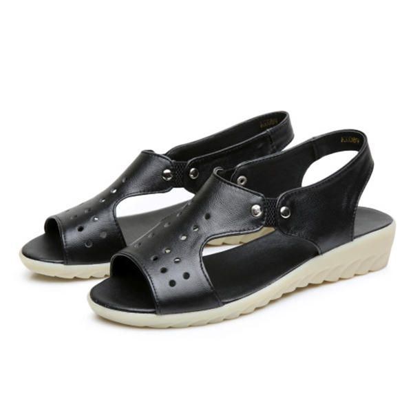 Dam Läder Hollow Out Peep Toe Slip On Mjuka Sandaler