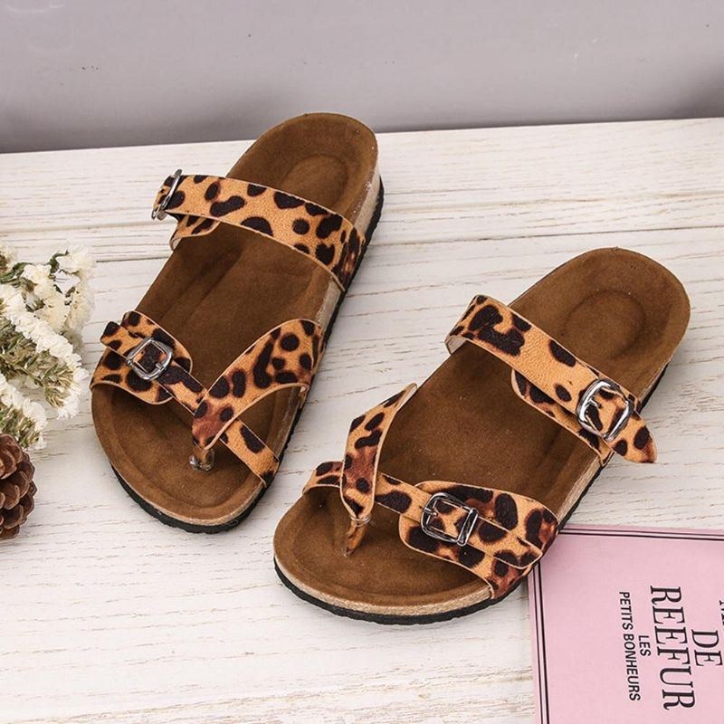 Dam Leopard Print Platt Toe Ring Spänne Rem Bekväma Strandsandaler