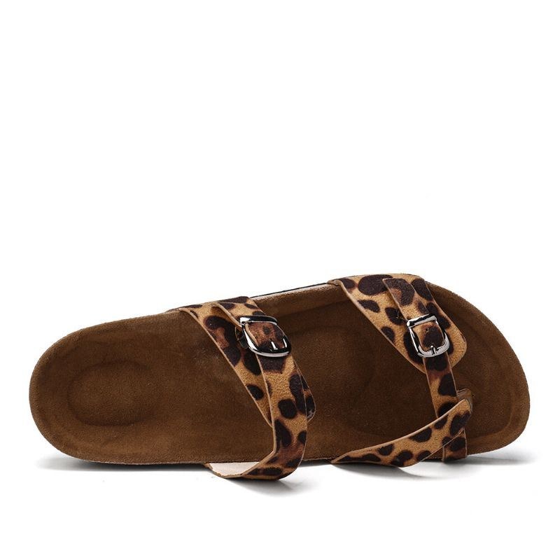 Dam Leopard Print Platt Toe Ring Spänne Rem Bekväma Strandsandaler