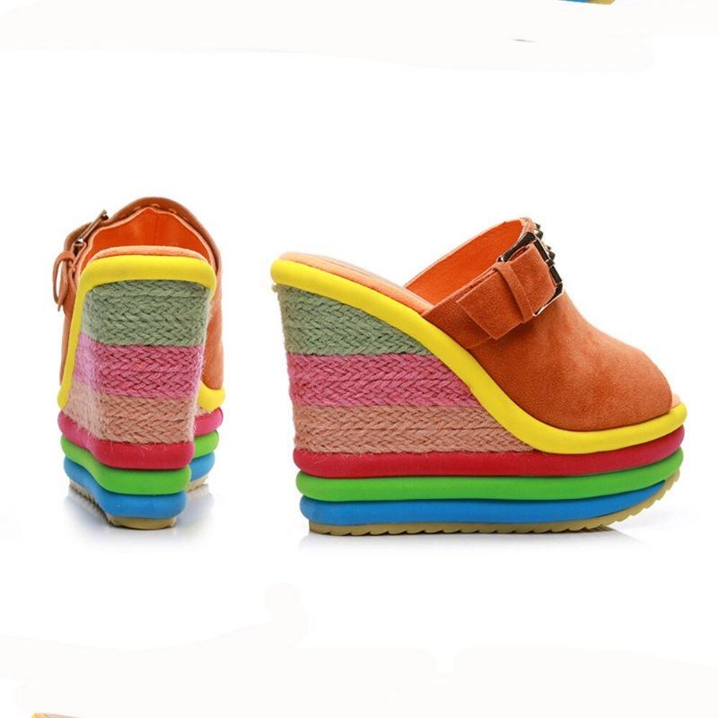 Dam Nit Regnbåge Färgglad Spänne Peep Toe Sommar Beach Wedge Platform Sandaler