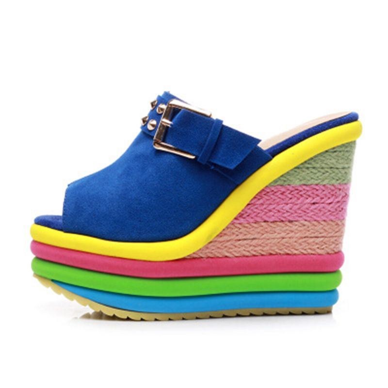 Dam Nit Regnbåge Färgglad Spänne Peep Toe Sommar Beach Wedge Platform Sandaler