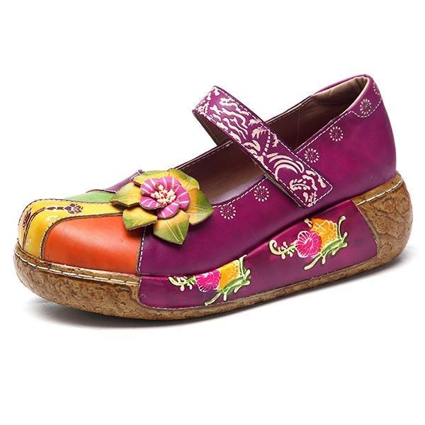 Dam Retro Färgglad Läder Handgjorda Flower Flats Skor