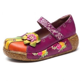 Dam Retro Färgglad Läder Handgjorda Flower Flats Skor