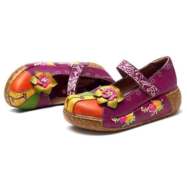 Dam Retro Färgglad Läder Handgjorda Flower Flats Skor