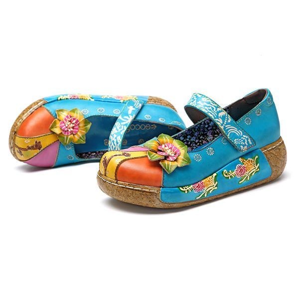 Dam Retro Färgglad Läder Handgjorda Flower Flats Skor