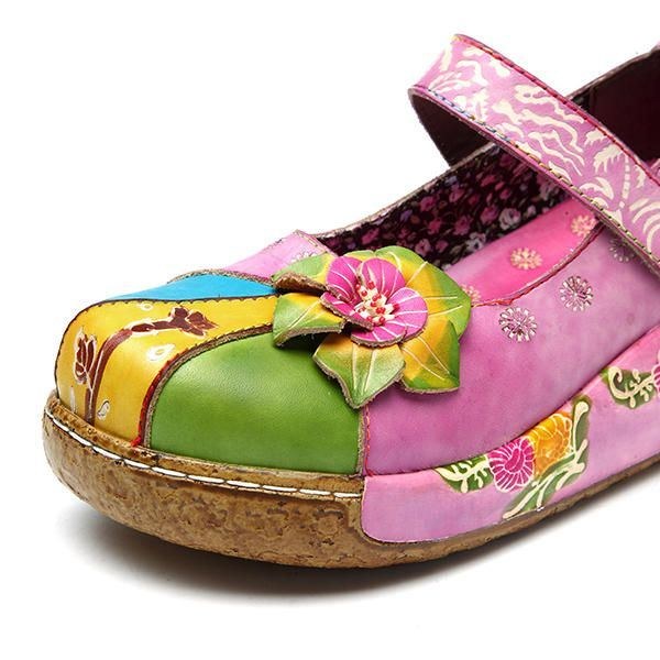 Dam Retro Färgglad Läder Handgjorda Flower Flats Skor