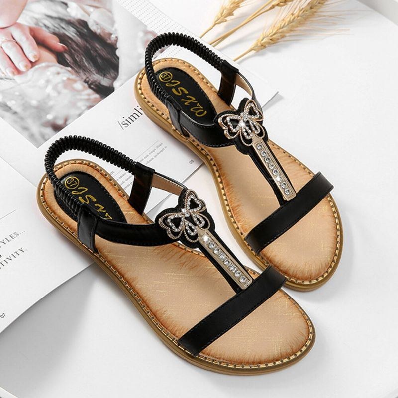 Dam Rhinestone Bowknot Elastiskt Band Slip On Flat Sandaler