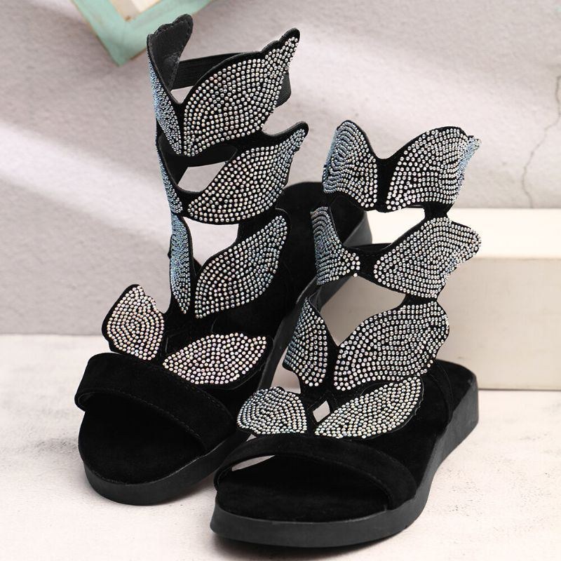 Dam Rhinestone Butterfly Open Toe Fashion Party Platta Sandaler