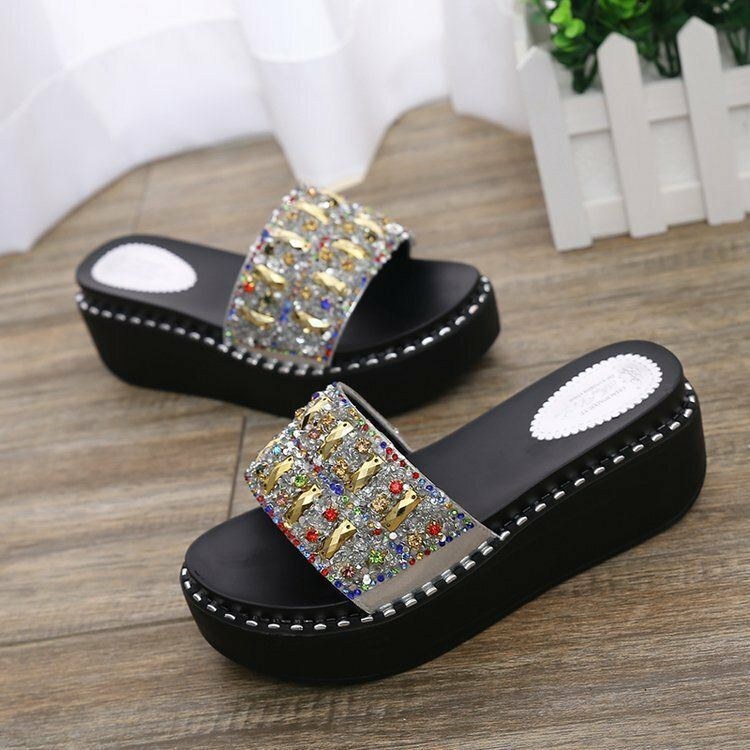 Dam Rhinestone Decor Platform Slide Sandaler