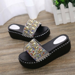 Dam Rhinestone Decor Platform Slide Sandaler