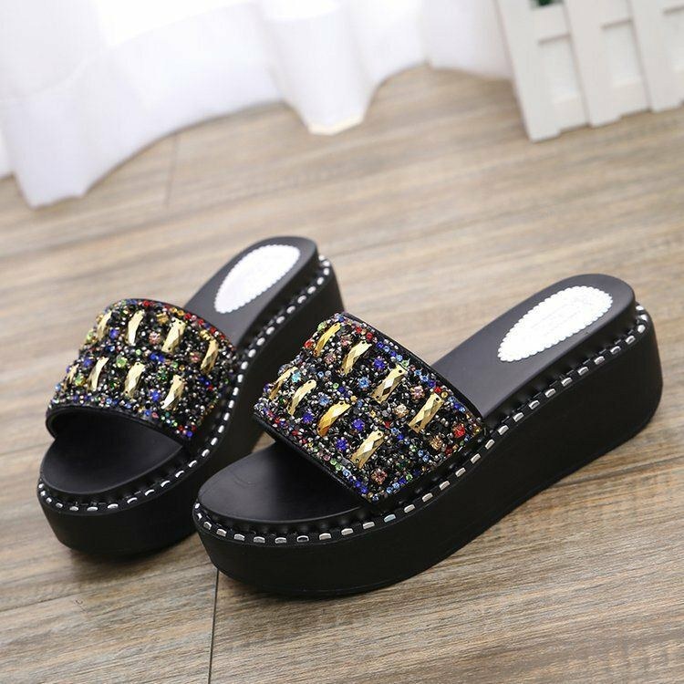 Dam Rhinestone Decor Platform Slide Sandaler