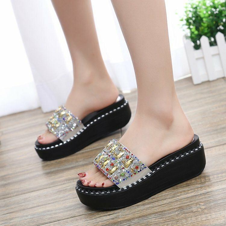 Dam Rhinestone Decor Platform Slide Sandaler