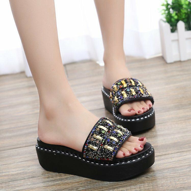 Dam Rhinestone Decor Platform Slide Sandaler