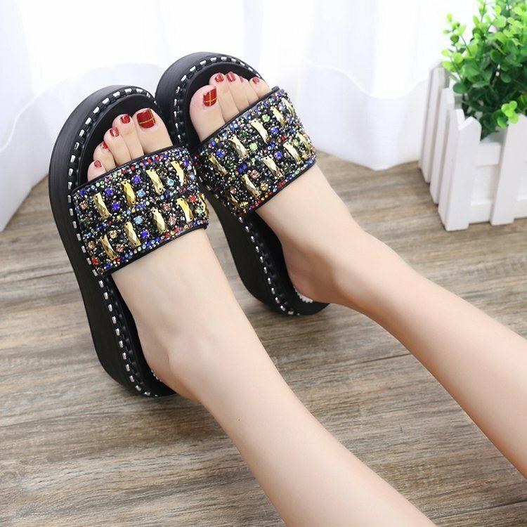 Dam Rhinestone Decor Platform Slide Sandaler