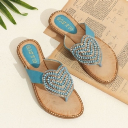 Dam Rhinestone Heart Shape Dekor Clip Toe Flats Sandaler