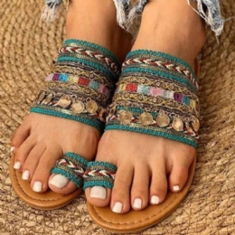 Dam Stor Storlek Bohemian Etnisk Stil Beach Toe Ring Casual Sandaler