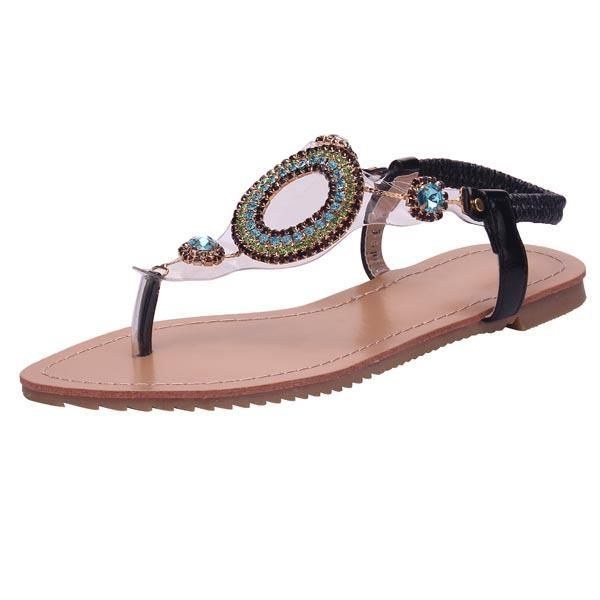 Dam Strass Pärlor Elastisk Flip Flop Casual Platta Sandaler