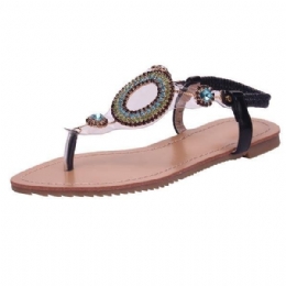 Dam Strass Pärlor Elastisk Flip Flop Casual Platta Sandaler