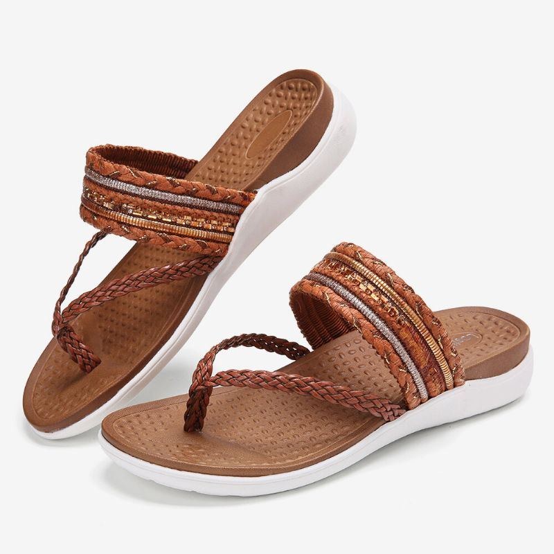 Dam Vävda Flip Flops Clip Toe Mjuk Sula Slip On Flat Sandaler