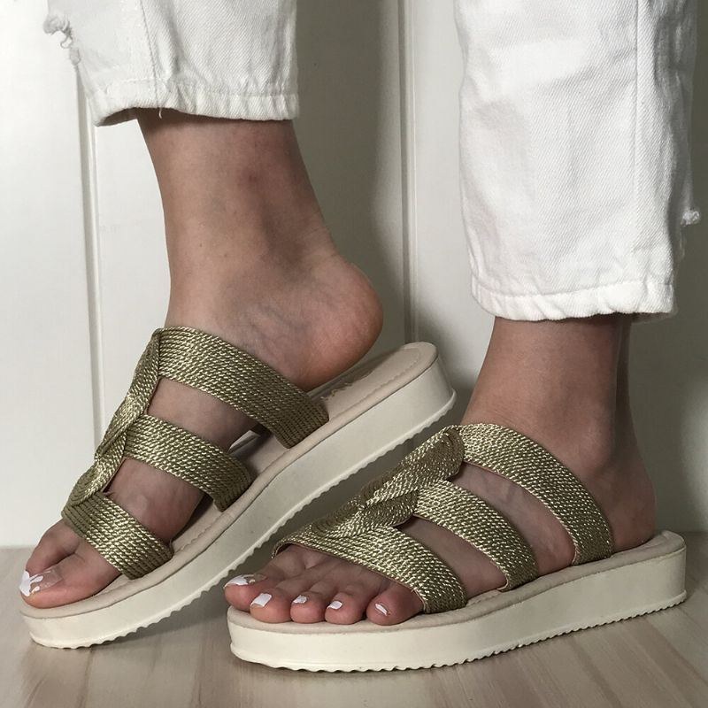 Dam Vävda Med Öppen Tå Slip On Bekväma Casual Flat Summer Sandaler