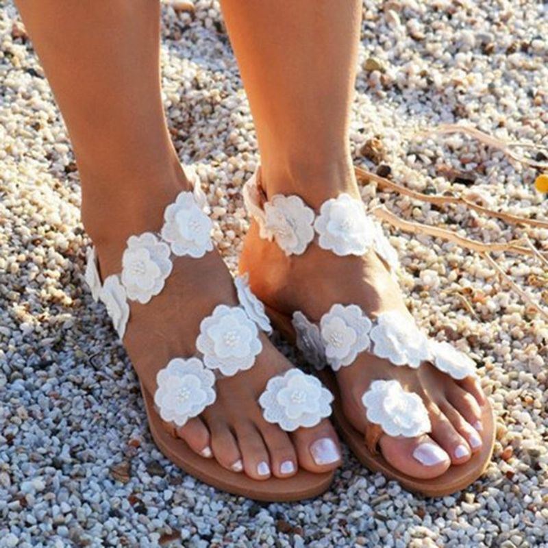 Damer Plus Size Blomsterdekoration Slip On Clip Toe Sommarstrandsandaler