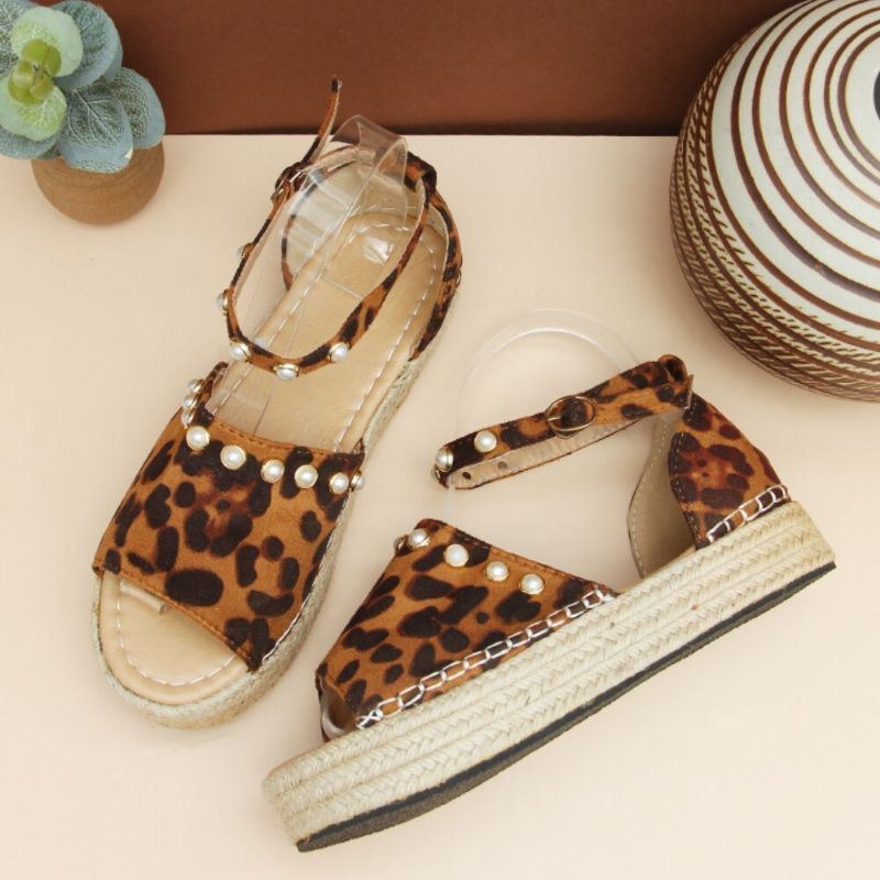 Dammocka Leopardtryck Solid Beading Spets Enkla Casual Sandaler