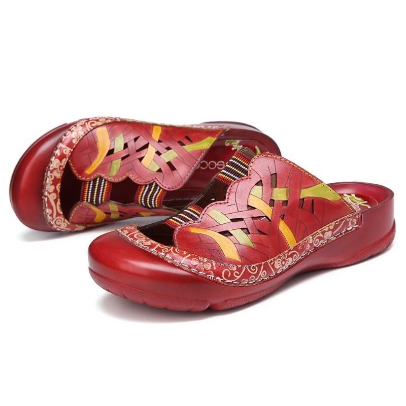 Handgjorda Kvinnors Handgjorda Läderblommiga Elastiska Band Utskärning Sömmar Slip On Slides Flat Mules Sandaler