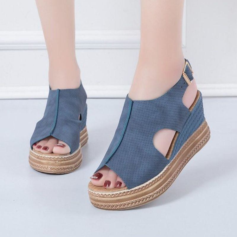 Plus Size Damer Casual Spänne Comfy Open Toe Platform Wedges Sandaler