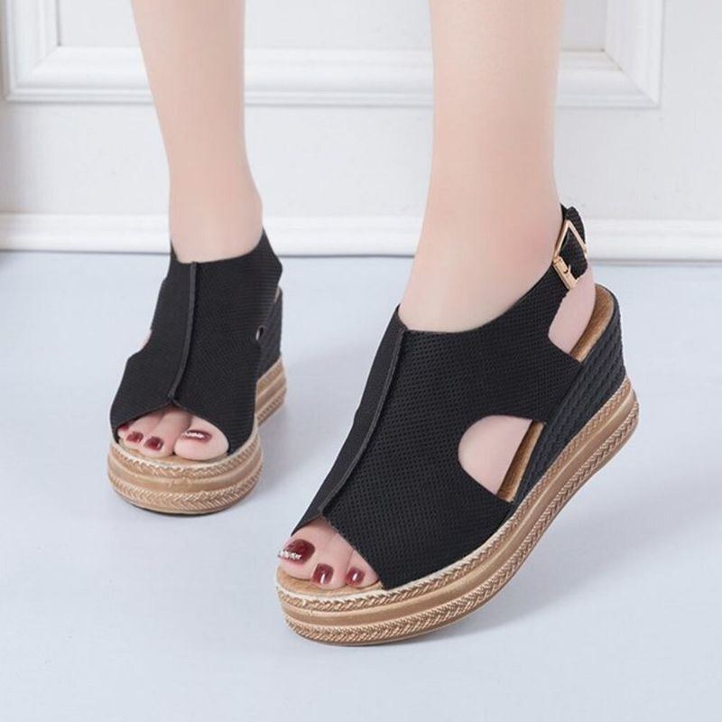 Plus Size Damer Casual Spänne Comfy Open Toe Platform Wedges Sandaler