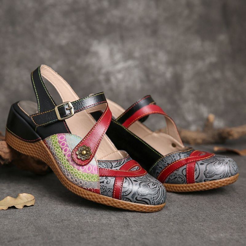 Retro Läder Målade Blommor Med Krokögla Slingback Mules Sandaler Med Kilar