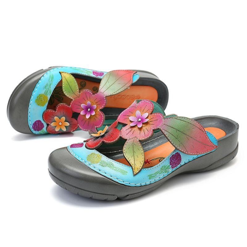 Retro Sandaler I Äkta Läder Med Blommönster För Kvinnor