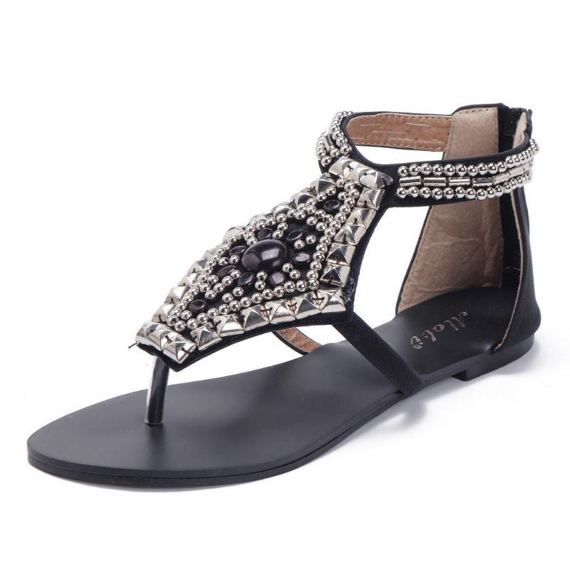 Rhinestone Clip Toe Hollow Out Zipper Beach Sandaler För Kvinnor