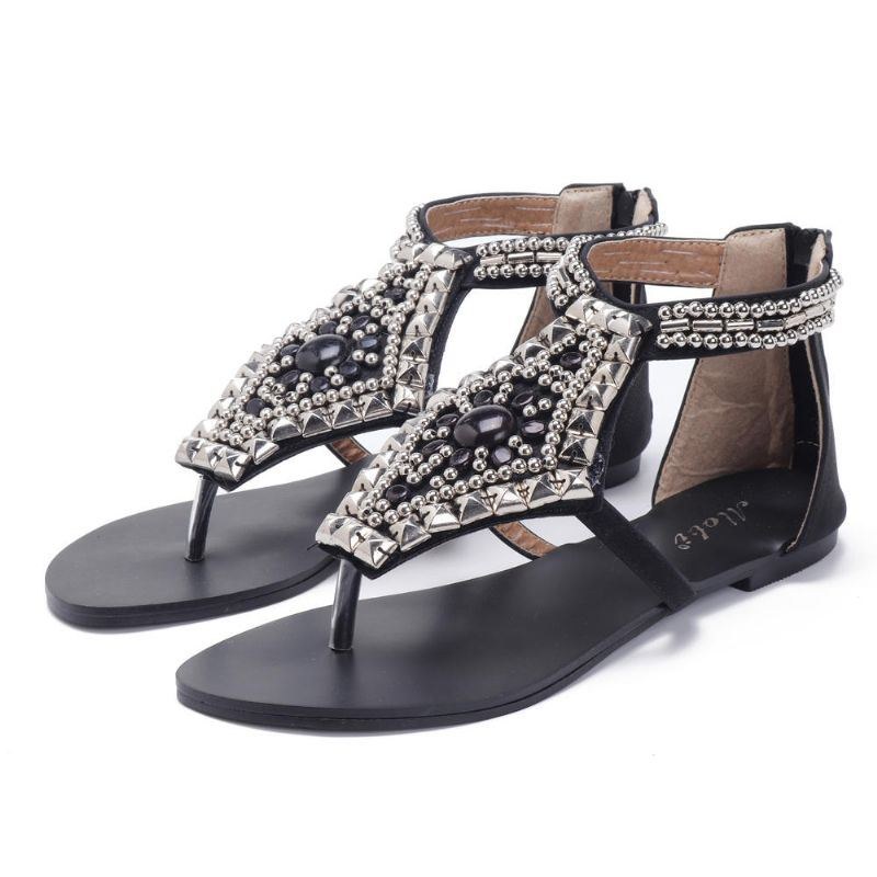 Rhinestone Clip Toe Hollow Out Zipper Beach Sandaler För Kvinnor