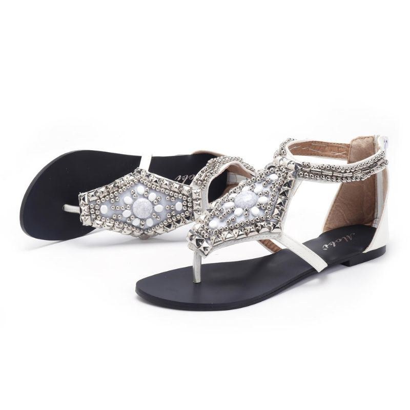 Rhinestone Clip Toe Hollow Out Zipper Beach Sandaler För Kvinnor