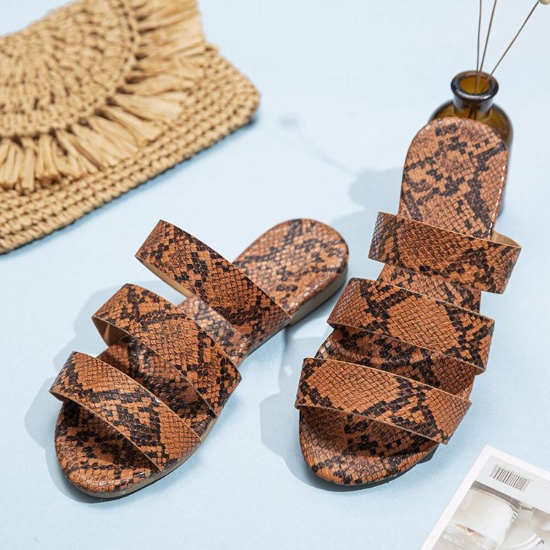 Snakeskin Printed Triple Belt Flat Sandaler