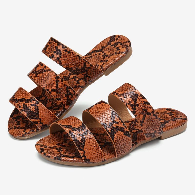 Snakeskin Printed Triple Belt Flat Sandaler