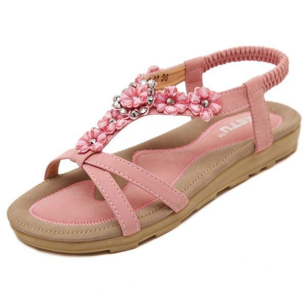 Sommar Dam Platta Sandaler Blomma Bohemian Casual Outdoor Bekväma Läderskor