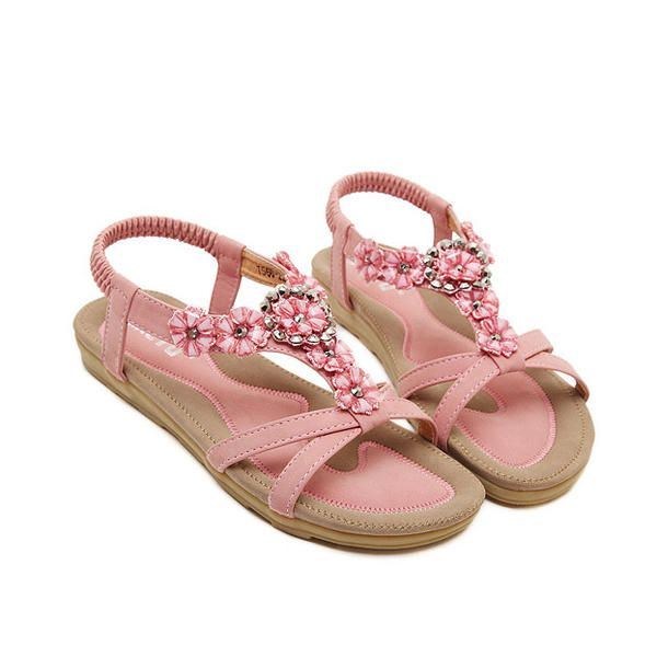 Sommar Dam Platta Sandaler Blomma Bohemian Casual Outdoor Bekväma Läderskor