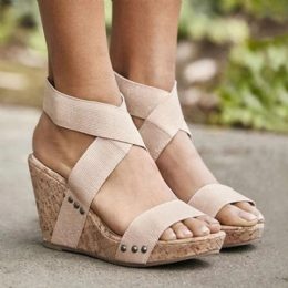 Stor Storlek Dam Peep Toe Elastiskt Band Cross Wedge Sandaler