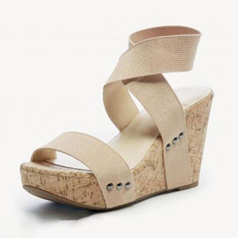 Stor Storlek Dam Peep Toe Elastiskt Band Cross Wedge Sandaler