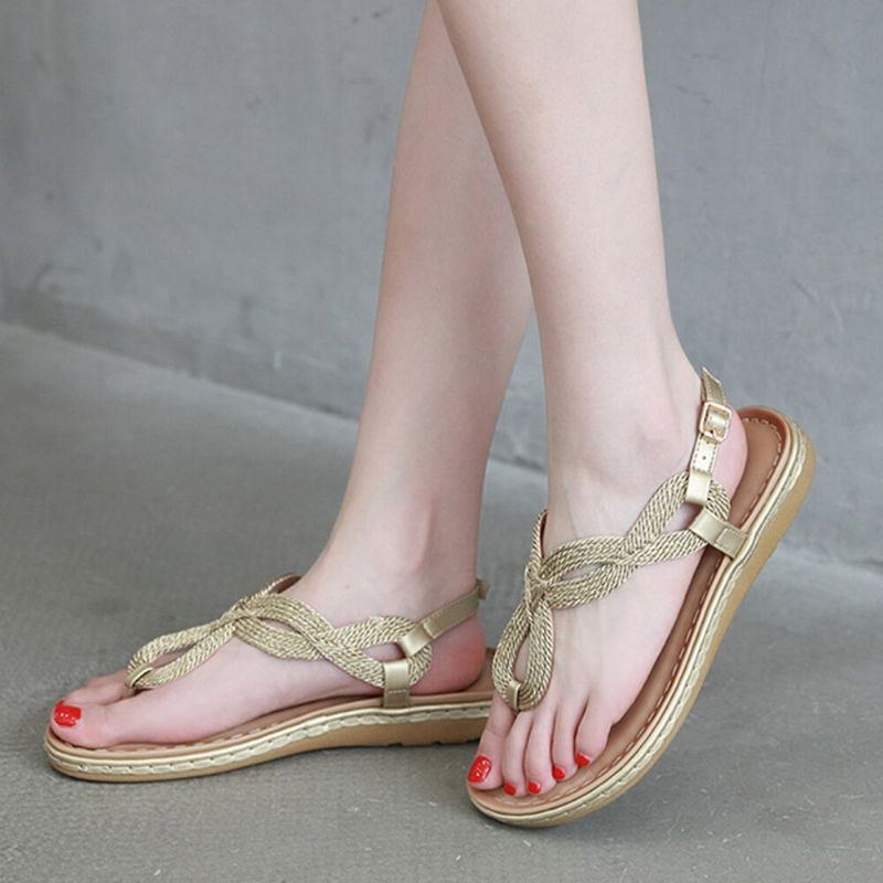 Women Weave Clip Toe Spänne Mjuk Sula Casual Summer Beach Flat Sandaler