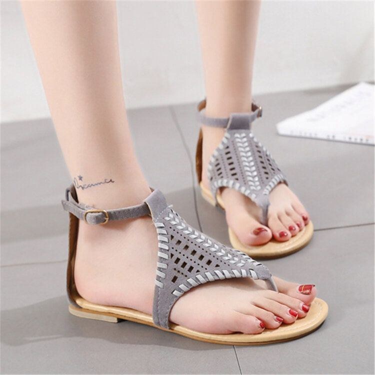 Women Weave Hollow Out Clip Toe Spänne Causal Summer Beach Flat Sandaler