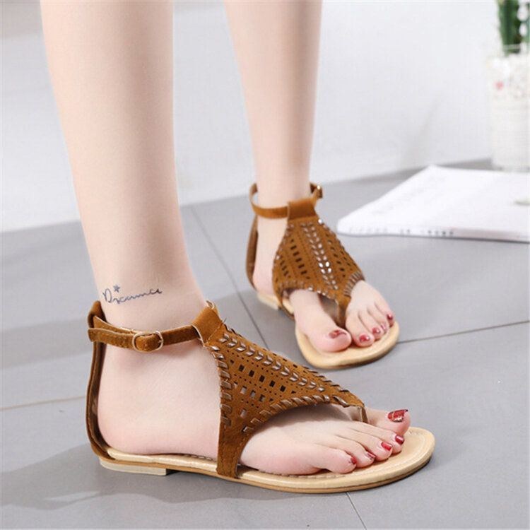 Women Weave Hollow Out Clip Toe Spänne Causal Summer Beach Flat Sandaler