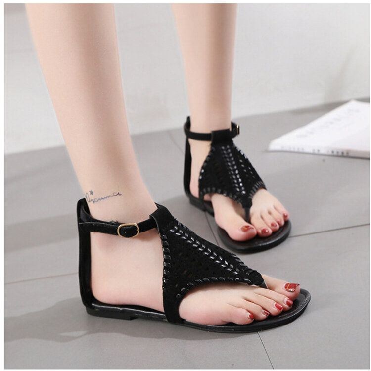 Women Weave Hollow Out Clip Toe Spänne Causal Summer Beach Flat Sandaler