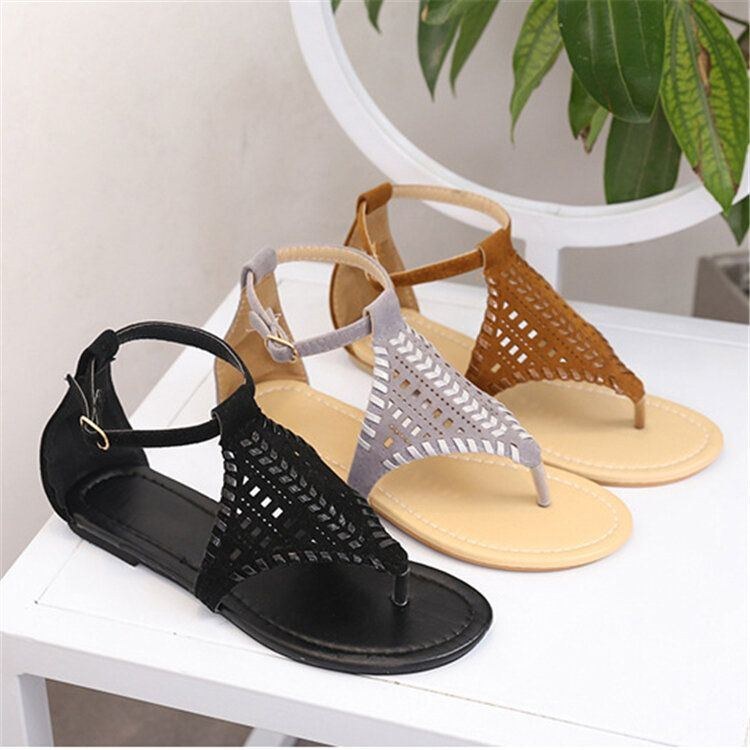 Women Weave Hollow Out Clip Toe Spänne Causal Summer Beach Flat Sandaler